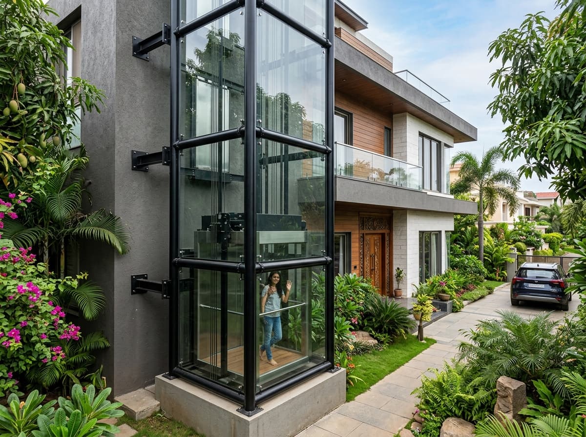 External MS Steel Structure Glass Lift — Installed