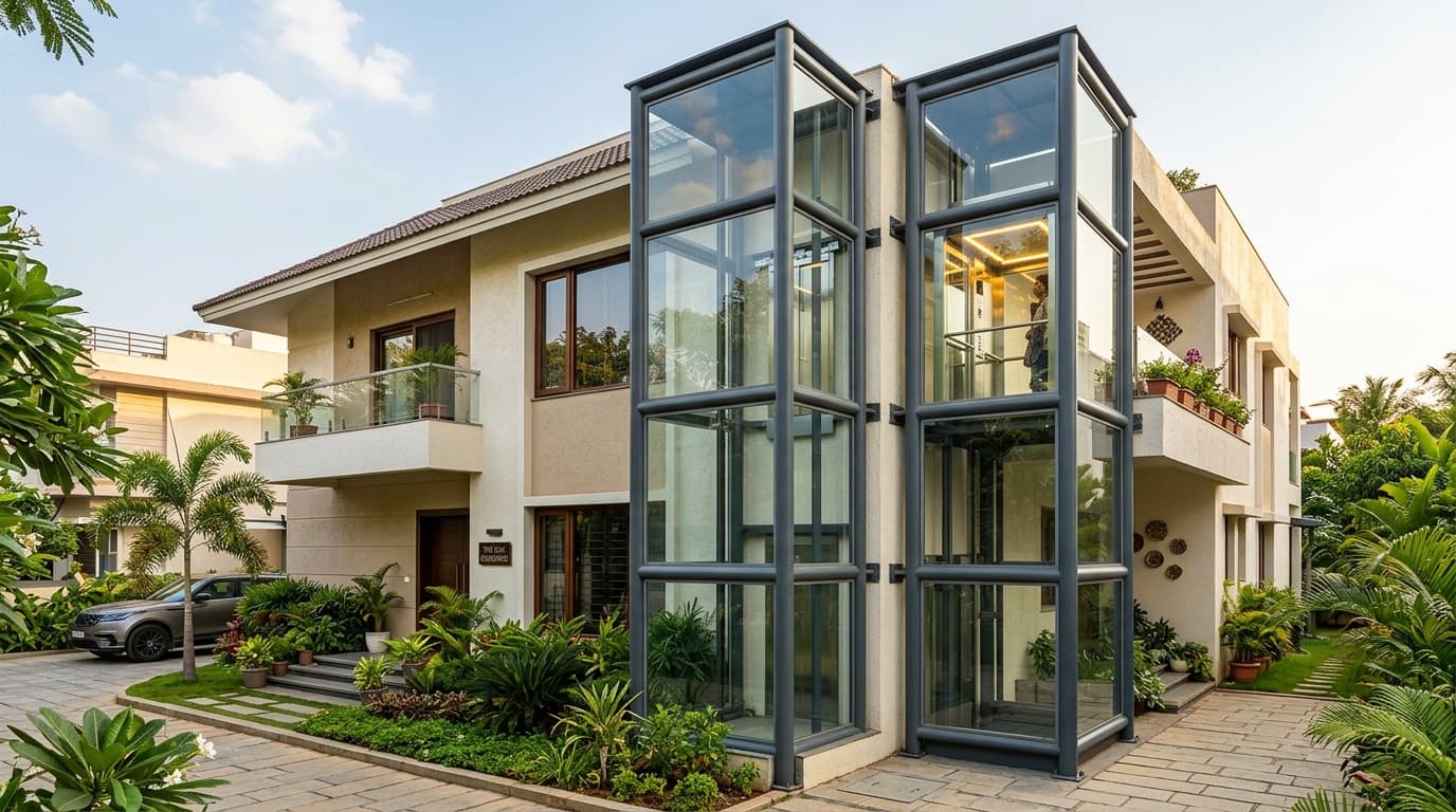 Outdoor Structural Glass Lift on Indian bungalow