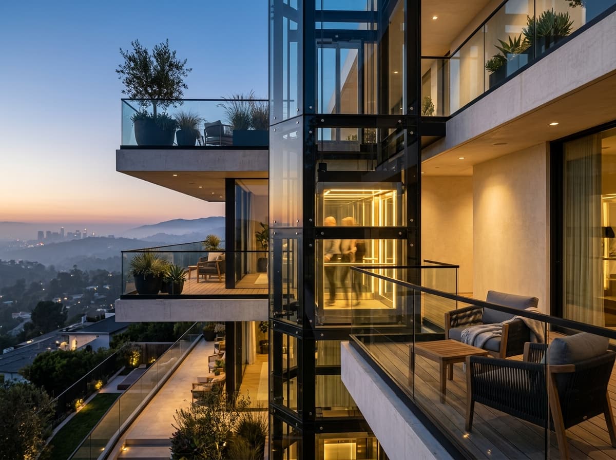 Modern luxury villa with outdoor glass elevator
